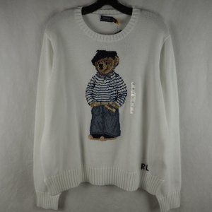 Polo Ralph Lauren Women's Sweater French Bear Beret Knit Cotton White XL